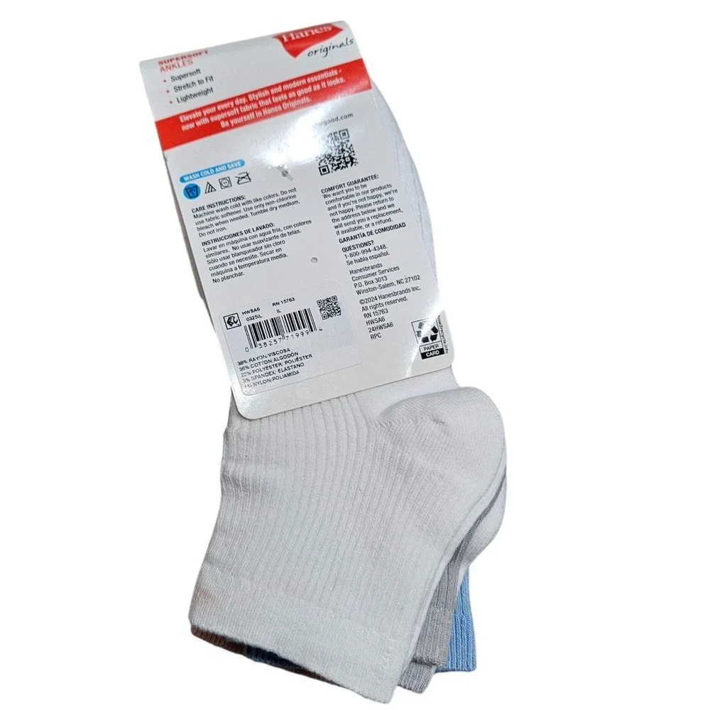 Hanes Ankle Socks Women 5-9 Multi Color 6 Pack Supersoft Ribbed Cotton Blend New